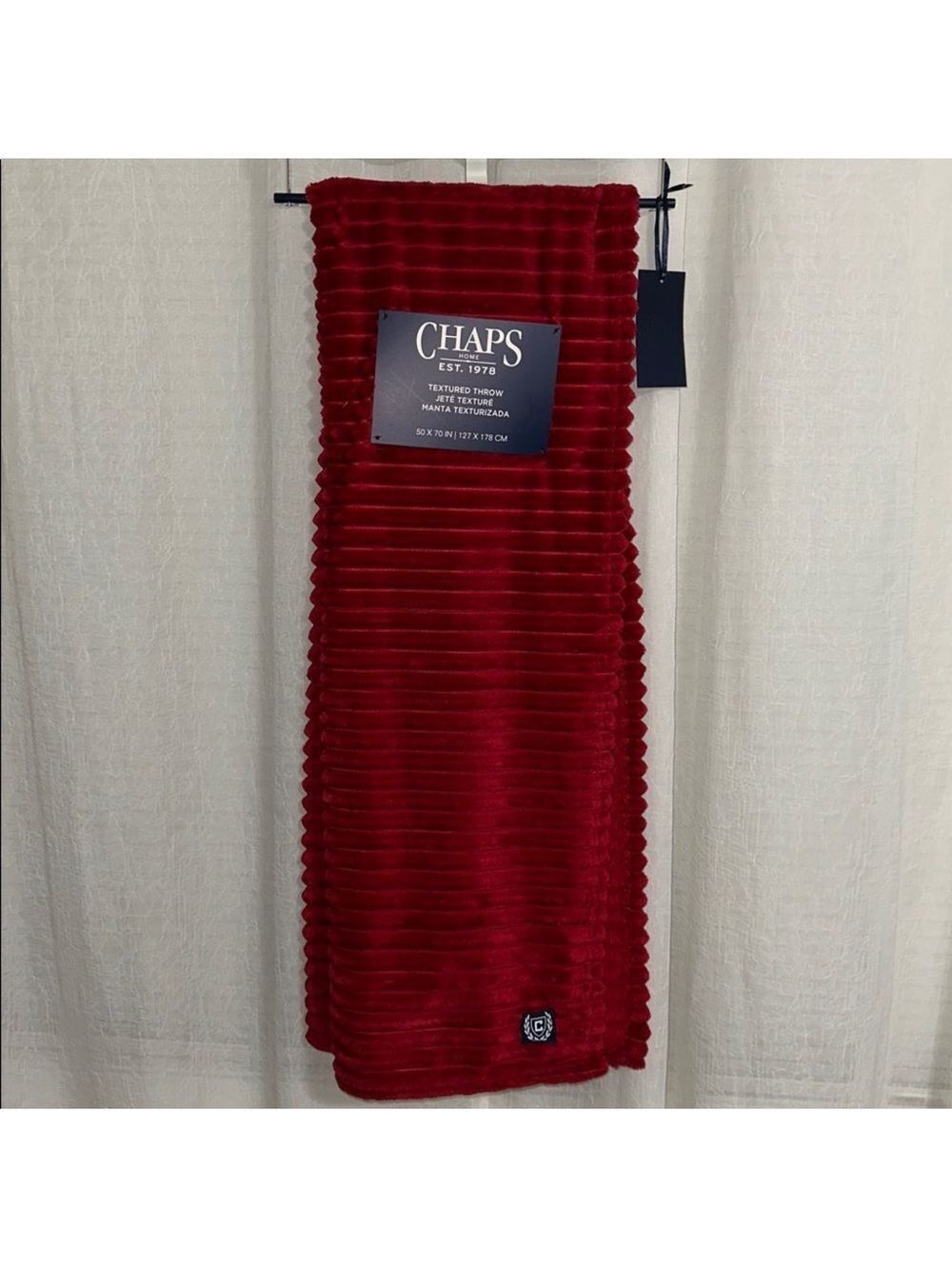 CHAPS Cherry Red Plush Blanket Throw with a Hanger Ribbed Stripe